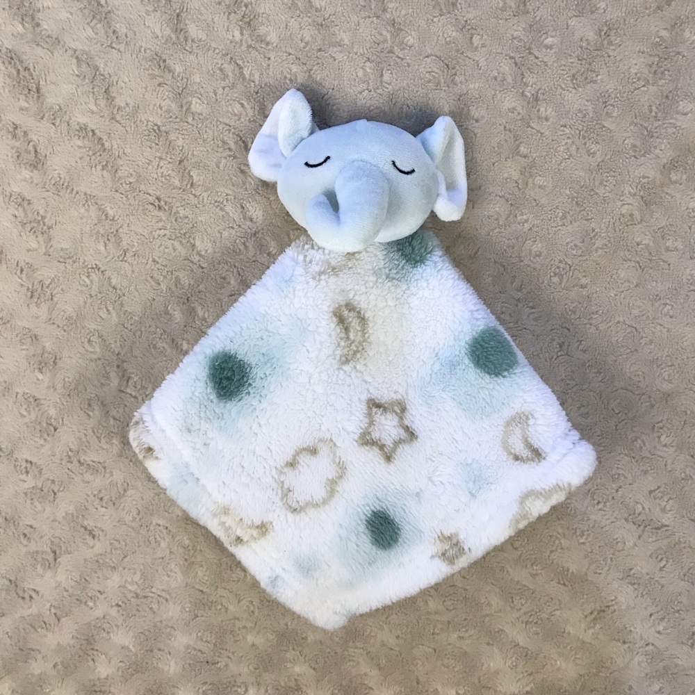 Mini Muffin Elephant Lovey Security Blanket Blue White Tan Star Cloud Moon